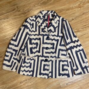 Maliparmi Designer White/Navy Cotton Geometric Blazer, 42 (L), Luxury Construct